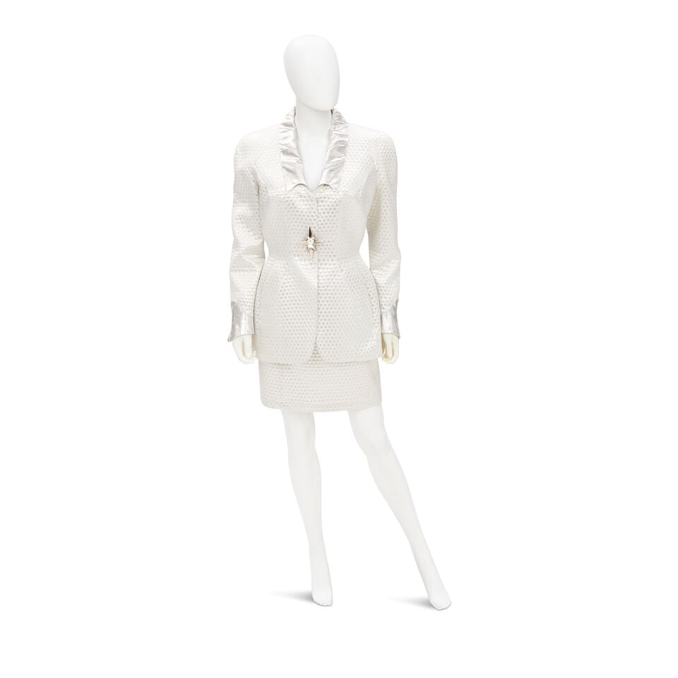 THIERRY MUGLER: METALLIC SILVER QUILTED SKIRT SUIT ENSEMBLE Fall/Winter 1986 (1 of 2)