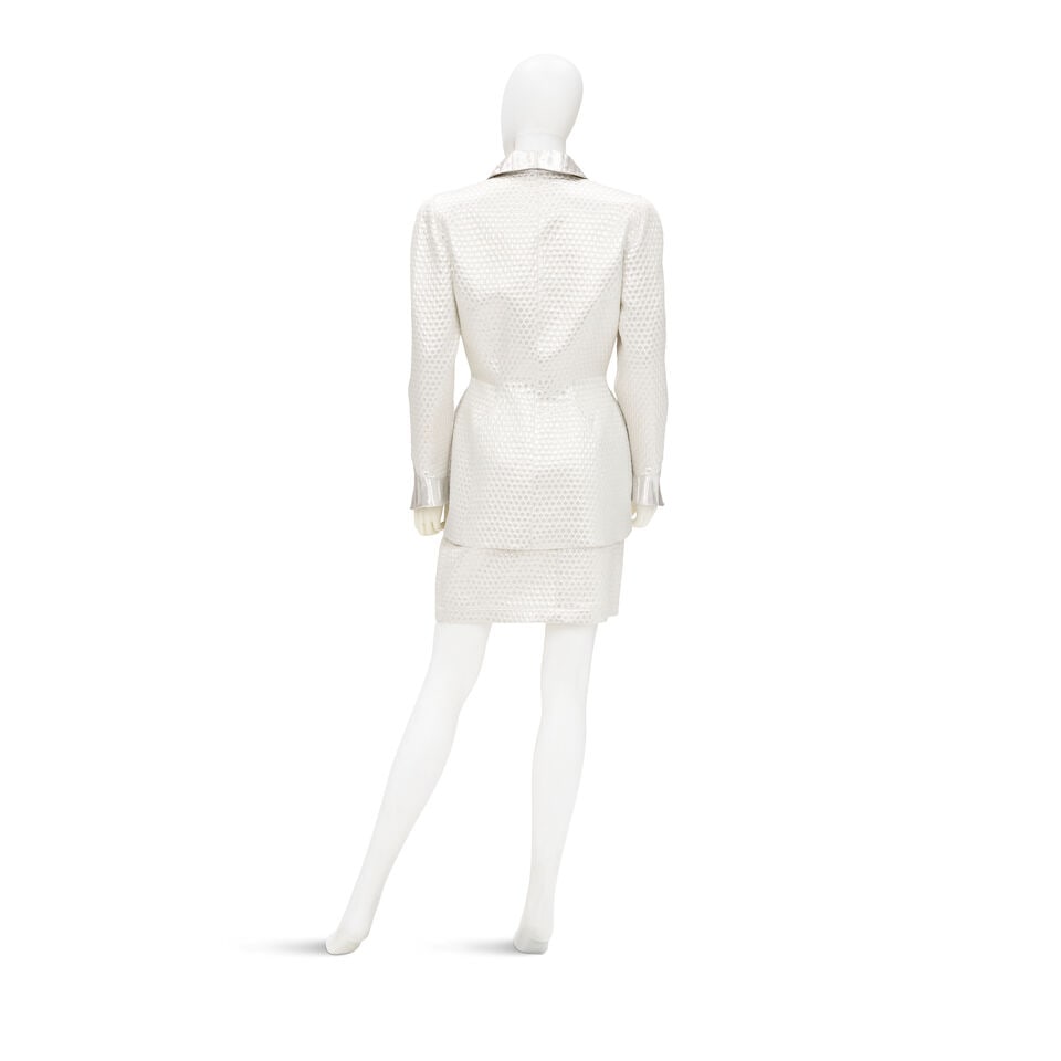 THIERRY MUGLER: METALLIC SILVER QUILTED SKIRT SUIT ENSEMBLE Fall/Winter 1986 - 2