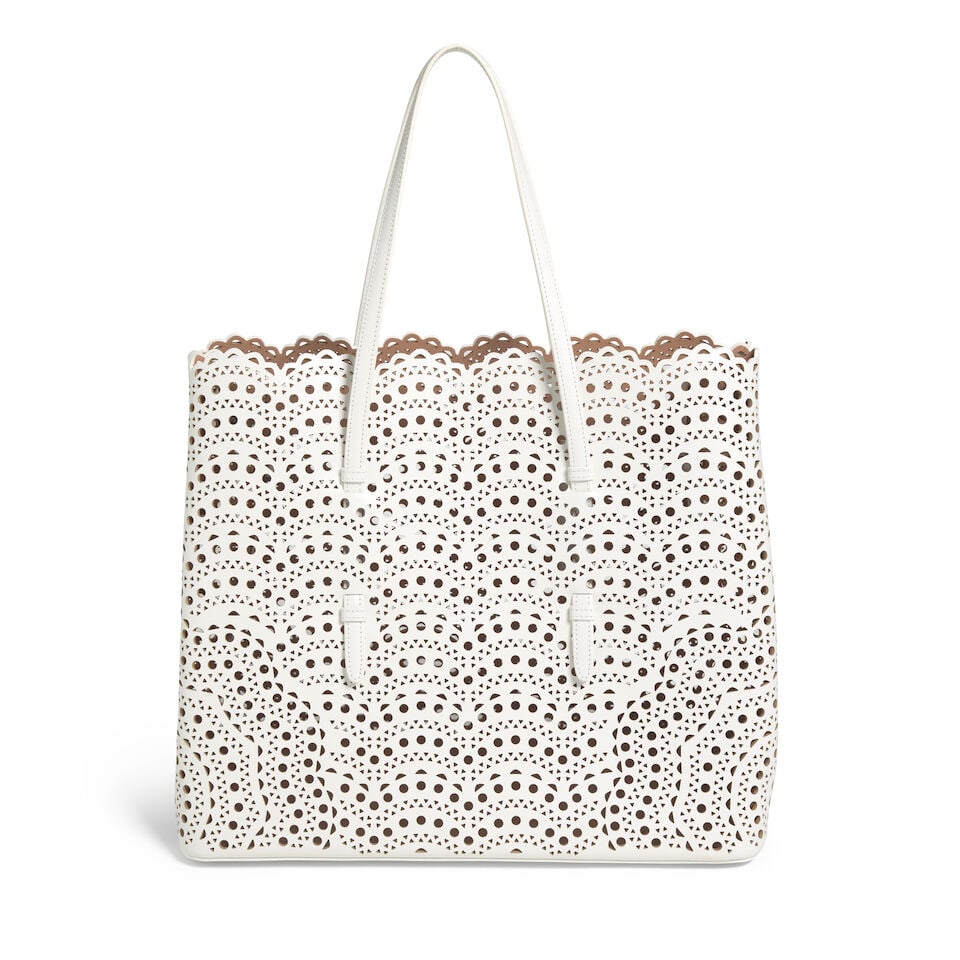 ALAIA: WHITE LASER CUT LEATHER LARGE MINA TOTE (1 of 4)