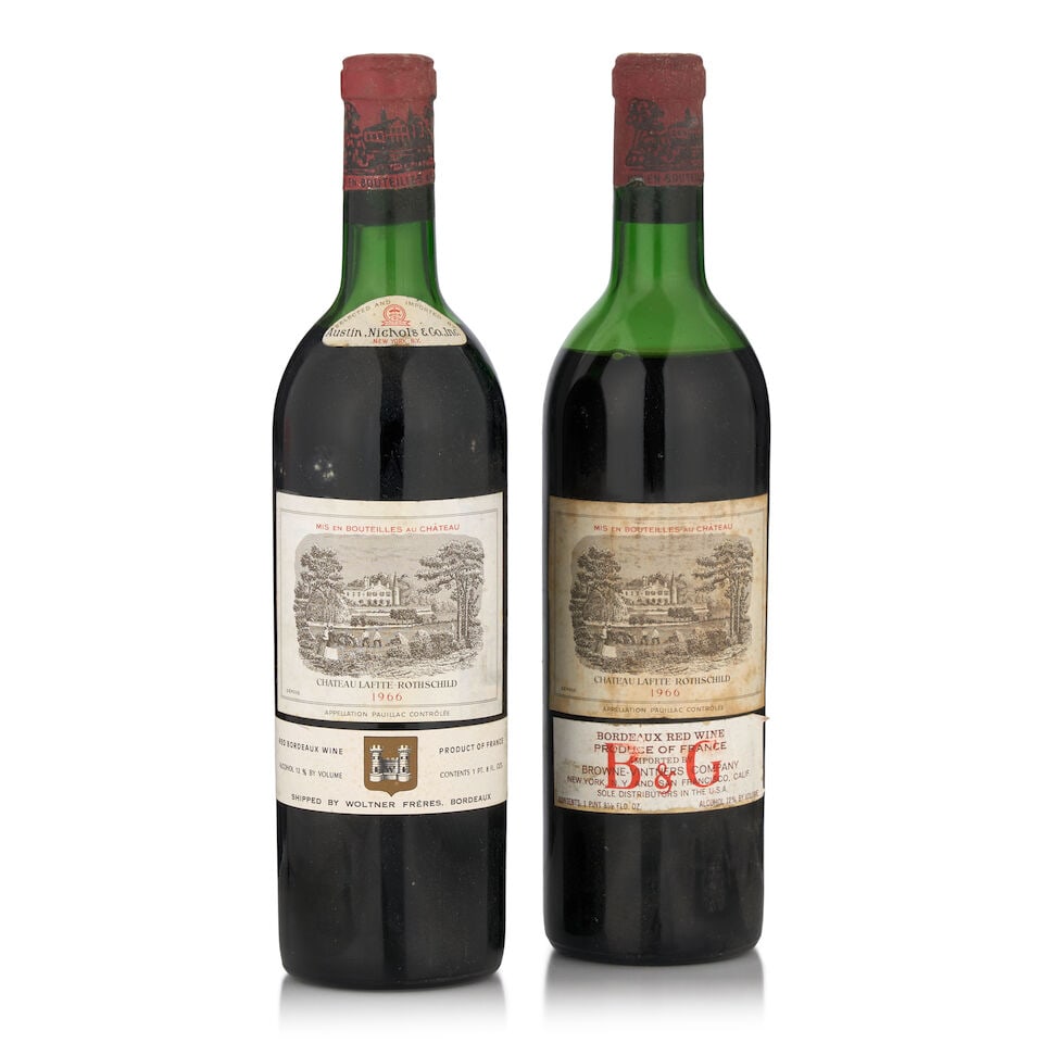 Château Lafite Rothschild, 1966 (2 bottles, 750ml): Château Lafite Rothschild, 1966 (2 bottles, 750ml) Region: Pauillac Fill Level: one top shoulder, one upper mid shoulder Capsule: bin soiled, oxidized, one corroded Label: one heavily bin soiled 
