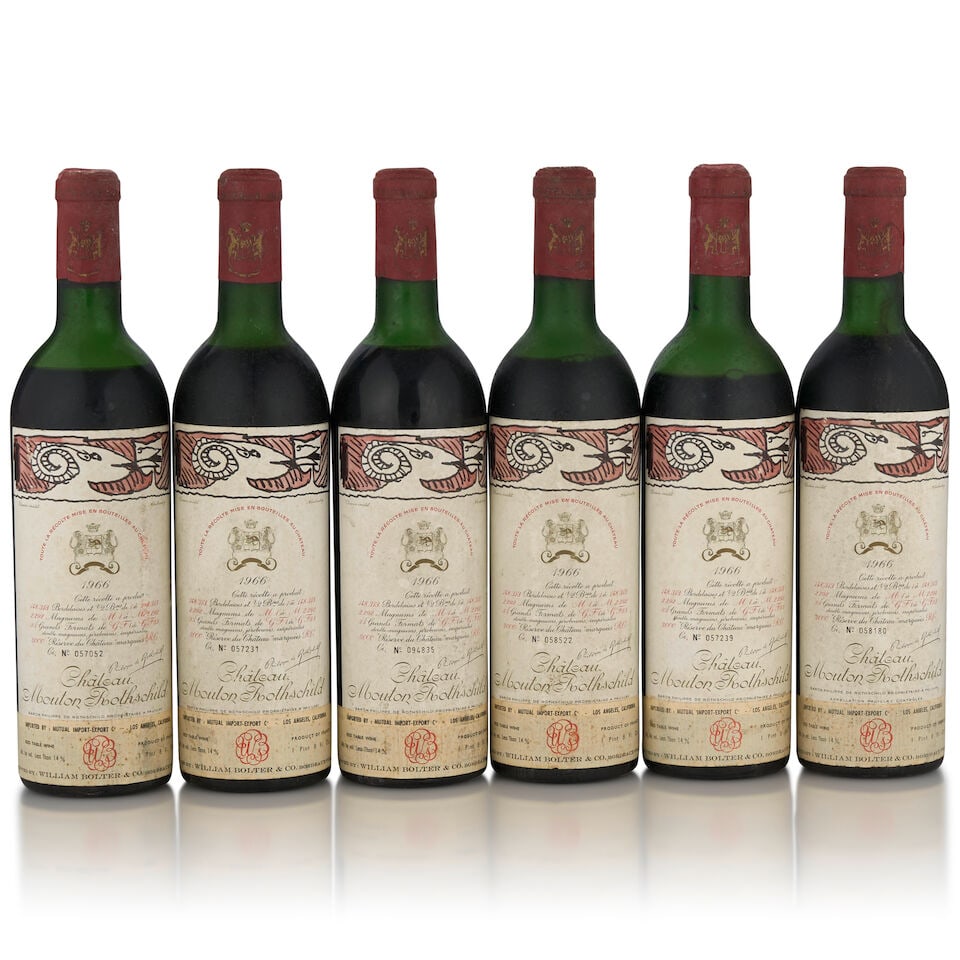 Château Mouton Rothschild, 1966 (6 bottles, 750ml): 0Château Mouton Rothschild, 1966 (6 bottles, 750ml) Region: Pauillac Fill Level: one top shoulder, two just below top shoulder, two upper shoulder, one upper mid shoulder Capsule: bin soiled,