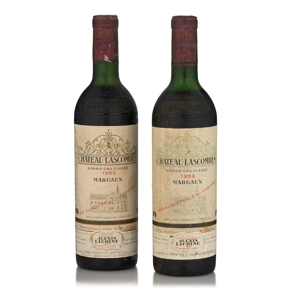 Château Lascombes, 1959 (2 bottles, 750ml): Château Lascombes, 1959 (2 bottles, 750ml) Region: Margaux Fill Level: very top shoulder Capsule: hevily bin soiled, oxidized Label: bin soiled Footnotes: Bordeaux, Left Bank This lot is subject 