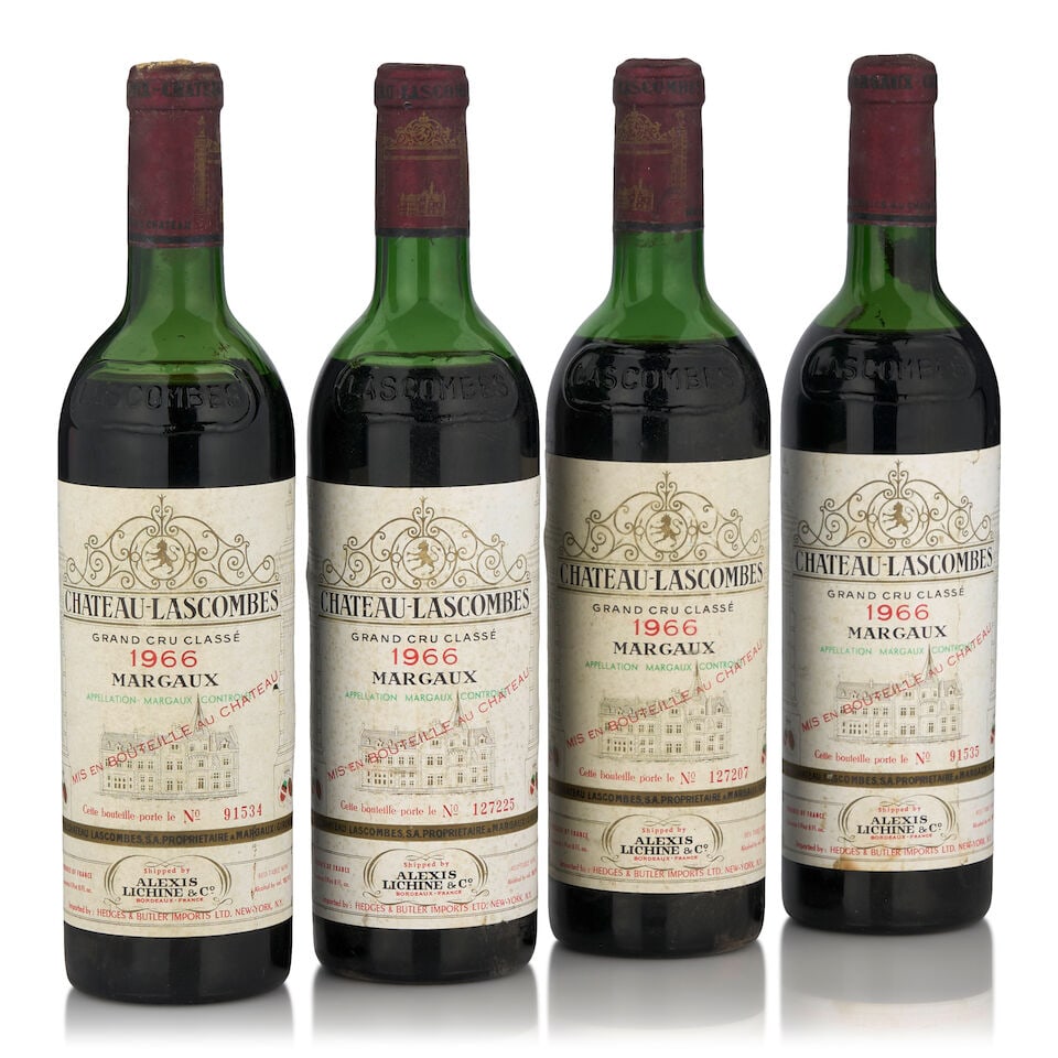 Château Lascombes, 1966 (4 bottles, 750ml): 2200Château Lascombes, 1966 (4 bottles, 750ml) Region: Margaux Fill Level: two just below top shoulder, two upper shoulder Capsule: bin worn, two corroded Label: bin soiled Footnotes: Bordeaux,