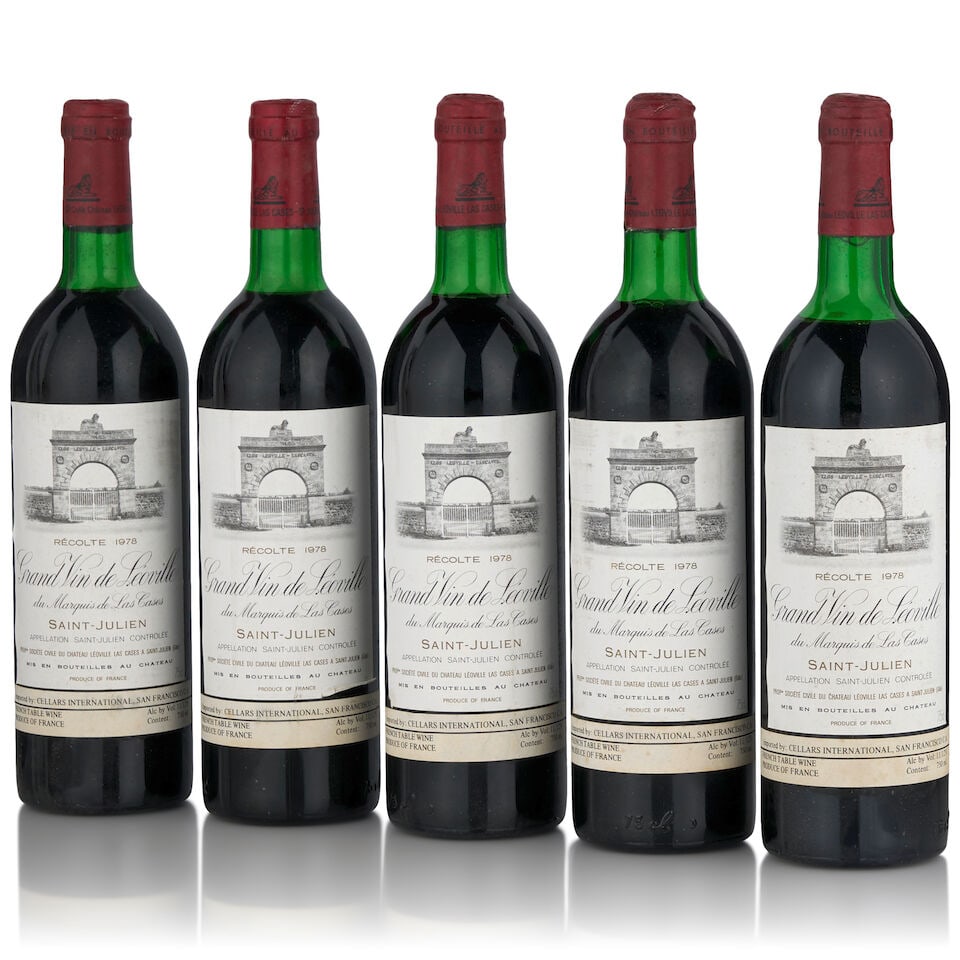 Château Léoville-Las Cases, 1978 (5 bottles, 750ml): Château Léoville-Las Cases, 1978 (5 bottles, 750ml) Region: Saint-Julien Fill Level: very top shoulder Capsule: bin soiled, one lightly corroded Label: one nicked and torn at bottom corner F