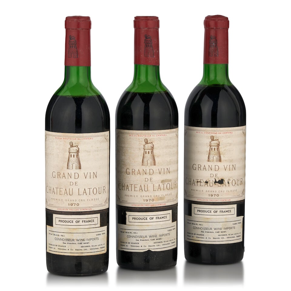 Château Latour, 1970 (3 bottles, 750ml): Château Latour, 1970 (3 bottles, 750ml) Region: Pauillac Fill Level: one top shoulder, two just below top shoulder Capsule: lightly oxidized Label: bin soiled, one nicked with losses Footnotes: B