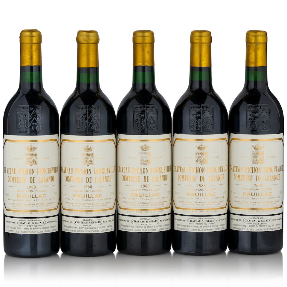 Château Pichon Lalande, 1988 (5 bottles, 750ml): Château Pichon Lalande, 1988 (5 bottles, 750ml) Region: Pauillac Fill Level: into neck Capsule: lightly oxidized Footnotes: Bordeaux, Left Bank This lot is subject to the following lot symbols: &
