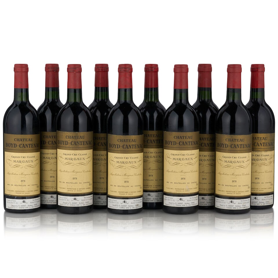 Château Boyd-Cantenac, 1978 (10 bottles, 750ml): Château Boyd-Cantenac, 1978 (10 bottles, 750ml) Region: Margaux Fill Level: one very top shoulder, eleven bottom neck Label: one scuffed Footnotes: Bordeaux, Left Bank This lot is subject to the 