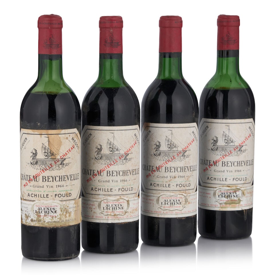 Château Beychevelle, 1966 (4 bottles, 750ml): Château Beychevelle, 1966 (4 bottles, 750ml) Region: Saint-Julien Fill Level: one very top shoulder, one top shoulder, two upper shoulder, two low shoulder Capsule: bin soiled, two oxidized Label