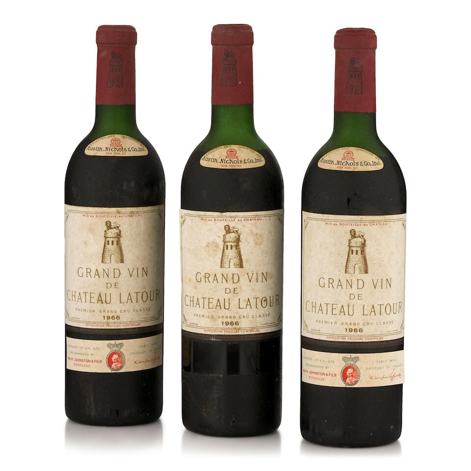 Château Latour, 1966 (3 bottles, 750ml): Château Latour, 1966 (3 bottles, 750ml) Region: Pauillac Fill Level: one top shoulder, two just below top shoulder Capsule: bin soiled Label: bin soiled Miscellaneous: bin soiled bottles Footnote