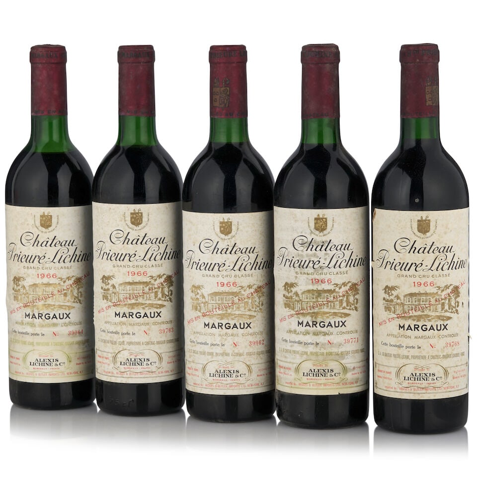 Château Prieuré-Lichine, 1966 (5 bottles, 750ml): Château Prieuré-Lichine, 1966 (5 bottles, 750ml) Region: Margaux Fill Level: three bottom neck, one very top shoulder, one top shoulder Capsule: bin soiled, oxidized Label: bin soiled, wrink