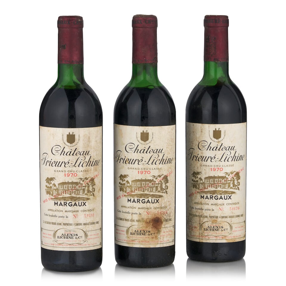Château Prieuré-Lichine, 1970 (3 bottles, 750ml): Château Prieuré-Lichine, 1970 (3 bottles, 750ml) Region: Margaux Fill Level: one top shoulder, two just below top shoulder Capsule: worn, corroded, slightly oxidized Label: bin soiled, one w