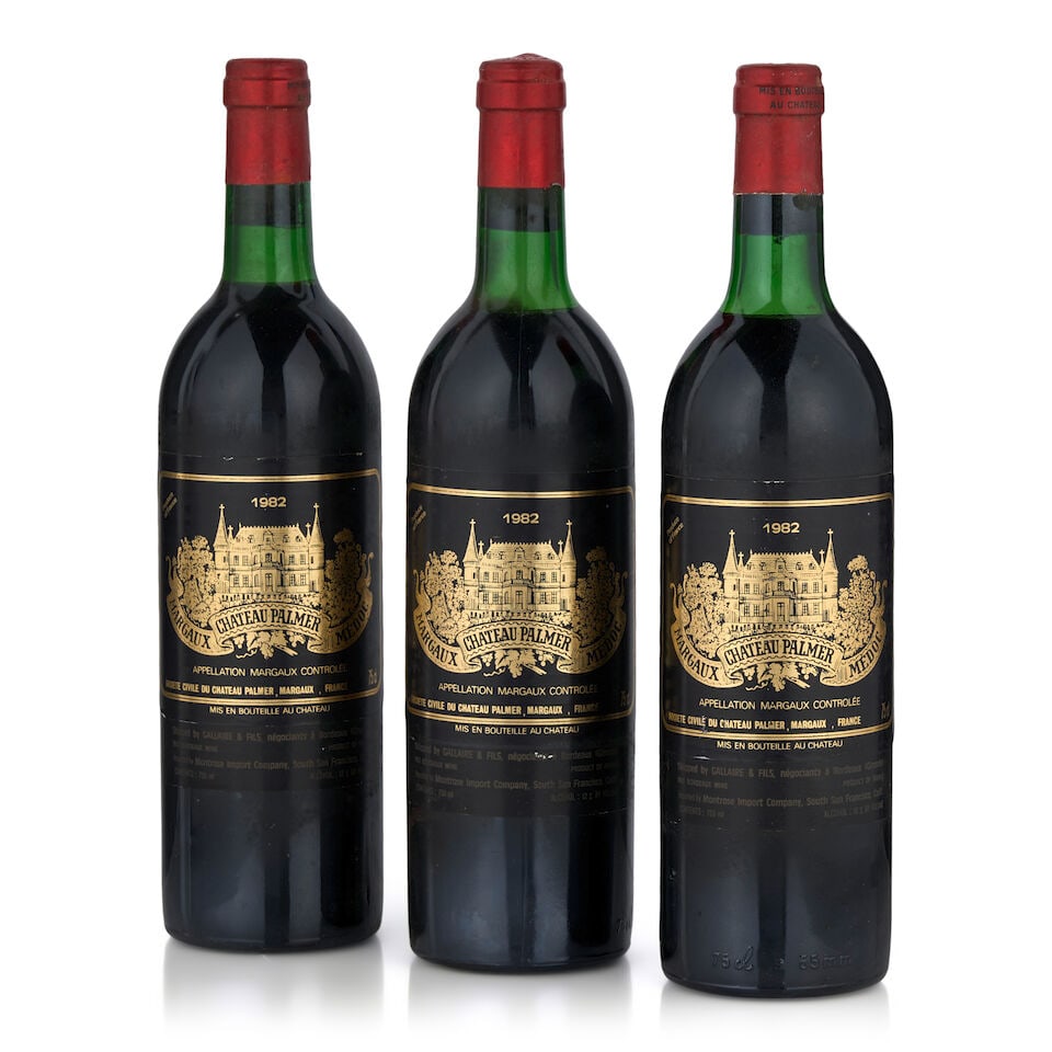 Château Palmer, 1982 (3 bottles, 750ml): 700Château Palmer, 1982 (3 bottles, 750ml) Region: Margaux Fill Level: one bottom neck, two very top shoulder Capsule: bin soiled Label: bin soiled Footnotes: Bordeaux, Left Bank This lot is subj