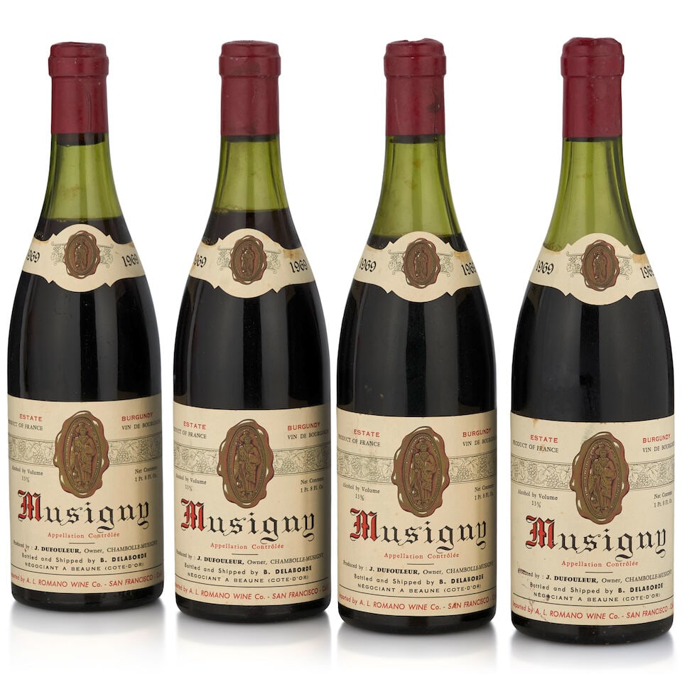 J. Dufouleur, Musigny, 1969 (4 bottles, 750ml): J. Dufouleur, Musigny, 1969 (4 bottles, 750ml) Region: Côte de Nuits Fill Level: one 2.5cm, two 3cm, one 5cm Capsule: one corroded Label: lightly bin marked Footnotes: Burgundy This lot is subjec