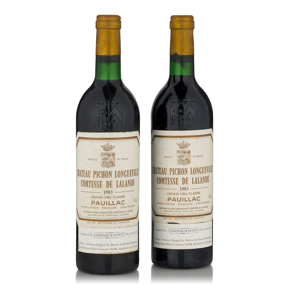 Château Pichon Lalande, 1983 (2 bottles, 750ml): Château Pichon Lalande, 1983 (2 bottles, 750ml) Region: Pauillac Fill Level: one bottom neck, one very top shoulder Capsule: bin soiled, nicked and torn with light losses Label: bin soiled Footno