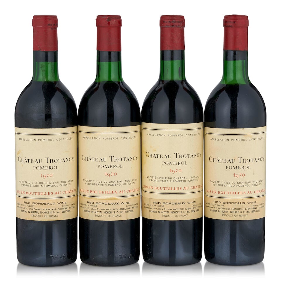 Château Trotanoy, 1970 (4 bottles, 750ml): Château Trotanoy, 1970 (4 bottles, 750ml) Region: Pomerol Fill Level: two very top shoulder, two top shoulder Capsule: oxidized Footnotes: Bordeaux, Right Bank This lot is subject to the