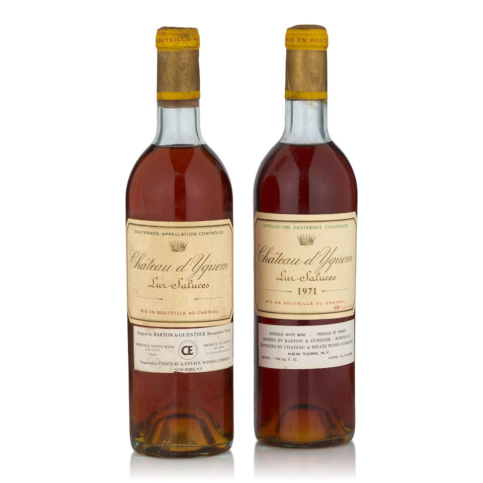 Château d'Yquem, 1971 (2 bottles, 750ml): Château d'Yquem, 1971 (2 bottles, 750ml) Region: Sauternes Fill Level: top shoulder Capsule: oxidized, one nicked Label: one faded, vintage heavily faded Footnotes: Bordeaux This lot is subject t