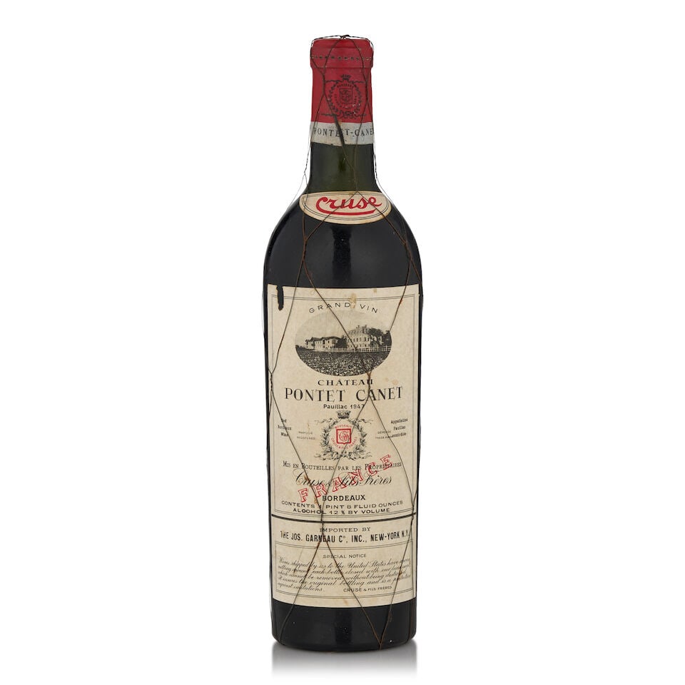 Château Pontet Canet, 1947 (1 bottle, 750ml): Château Pontet Canet, 1947 (1 bottle, 750ml) Region: Pauillac Fill Level: very top schoulder Capsule: lightly corroded Label: bin stained & nicked Footnotes: Bordeaux, Left Bank This lot is subje
