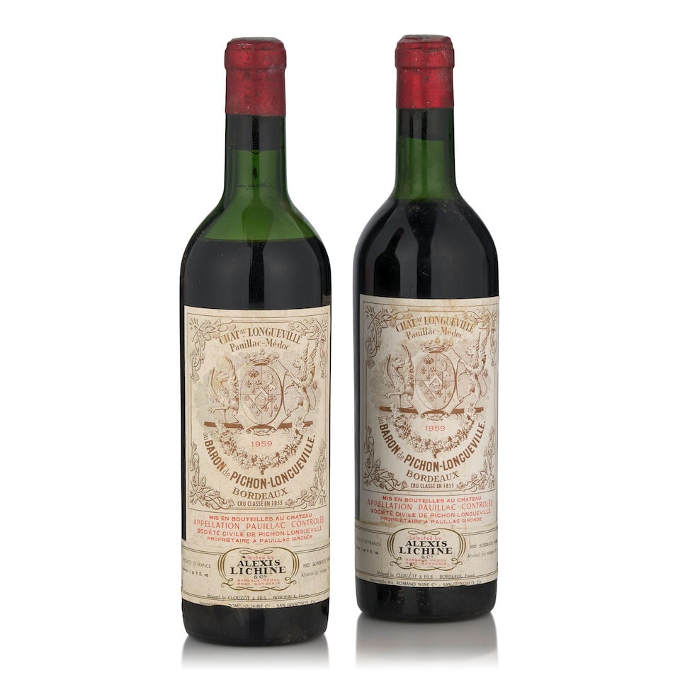 Château Pichon Baron, 1959 (2 bottles, 750ml): Château Pichon Baron, 1959 (2 bottles, 750ml) Region: Pauillac Fill Level: one very top shoulder, one upper shoulder Capsule: bin soiled, one corroded Label: lightly faded and bin soiled Footnote