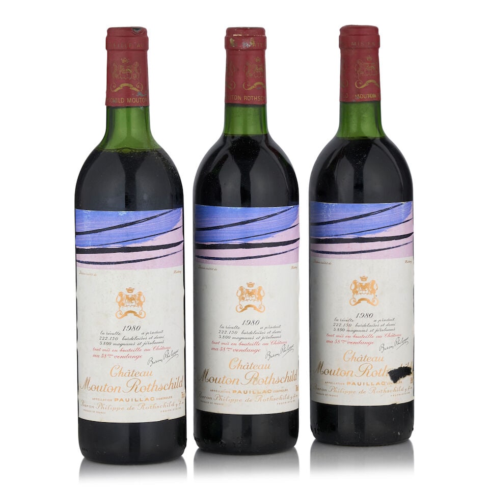 Château Mouton Rothschild, 1980 (3 bottles, 750ml): Château Mouton Rothschild, 1980 (3 bottles, 750ml) Region: Pauillac Fill Level: one very top shoulder, one top shoulder, one just below top shoulder Capsule: worn, oxidized, one nicked Label: