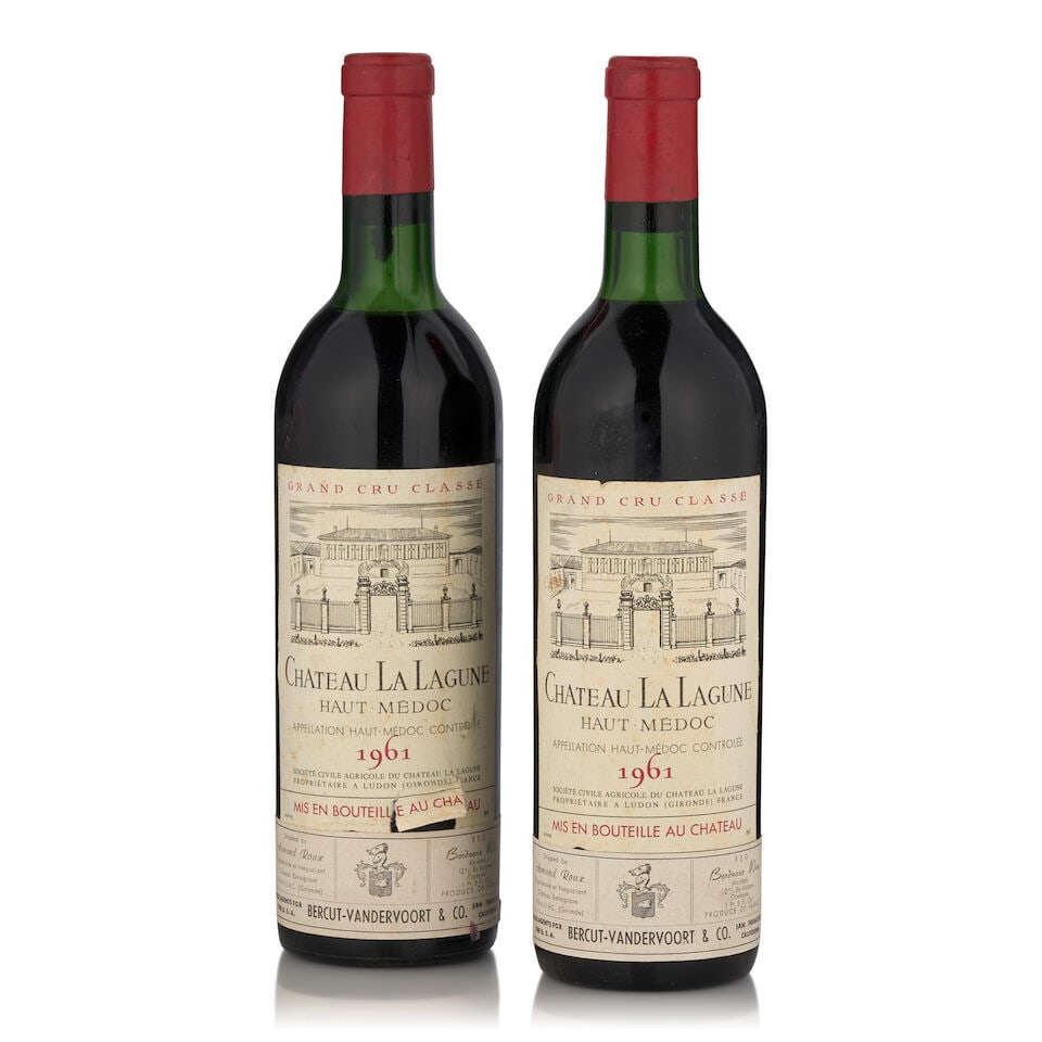 Château La Lagune, 1961 (2 bottles, 750ml): Château La Lagune, 1961 (2 bottles, 750ml) Region: Haut-Medoc Fill Level: one top shoulder, one very top shoulder Label: one torn at edge, one bin soiled Footnotes: Bordeaux, Left Bank This lot i