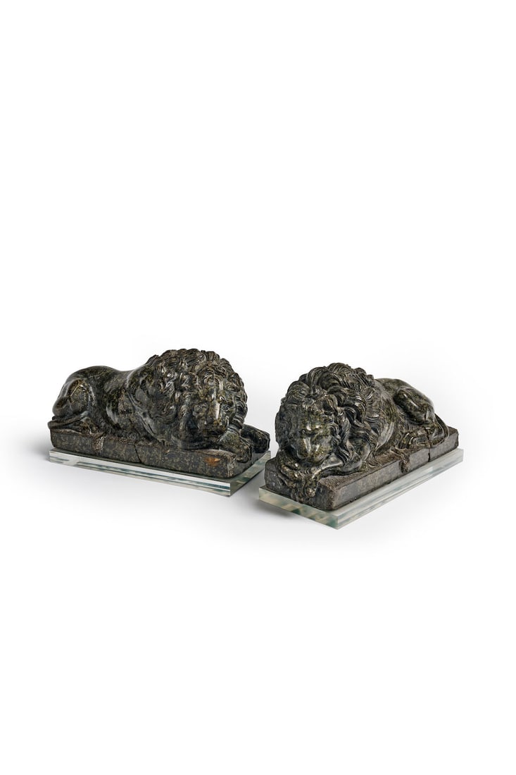 A pair of Grand Tour serpentine marble recumbent lions, after Antonio Canova, 18th century, leng... (1 of 1)