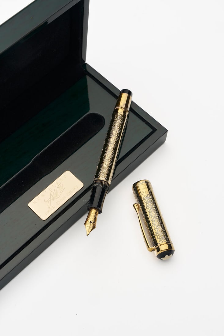 Montblanc | 'Louis XIV' limited edition engraved vermeil fountain pen: Montblanc | 'Louis XIV' limited edition engraved vermeil fountain pen Model: Patron of Art, Louis XIV, Limited Edition No. 4286/4810, purchased 1 April 1994 Cap/Barrel/Clip: Vermeil (Gold plated silve
