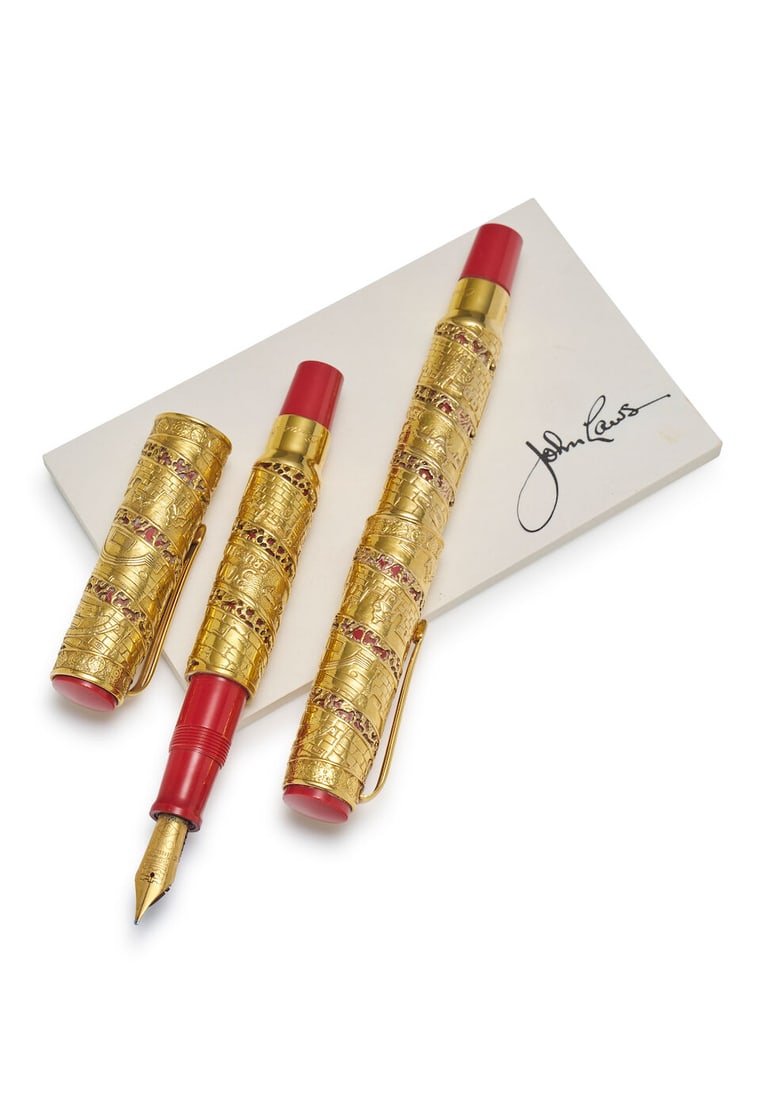 Omas | Jerusalem 3000, limited edition gold and red resin writing instruments (2): Omas | Jerusalem 3000, limited edition gold and red resin writing instruments Model: Jerusalem 3000, Limited Edition fountain pen No. 334/500 and rollerball pen. Cap/Barrel/Clip: Finely detailed gold 
