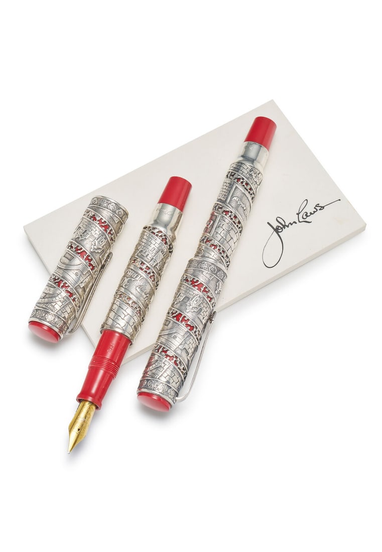 Omas | Jerusalem 3000, pair of limited edition sterling silver and red resin writing instruments: Omas | Jerusalem 3000, pair of limited edition sterling silver and red resin writing instruments Model: Jerusalem 3000, Limited Edition fountain pen No. 0334/3000 and rollerball pen. Cap/Barrel/Clip: 