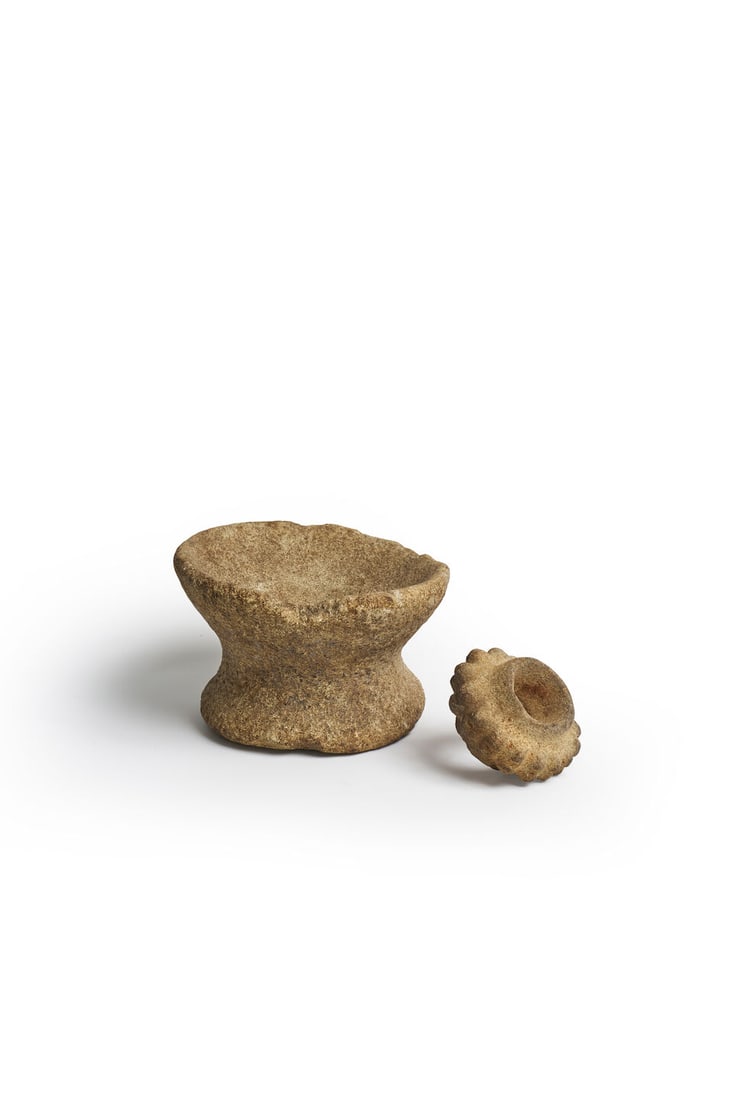 An ancient stone mortar, together with a stone mace head, (2) (1 of 1)