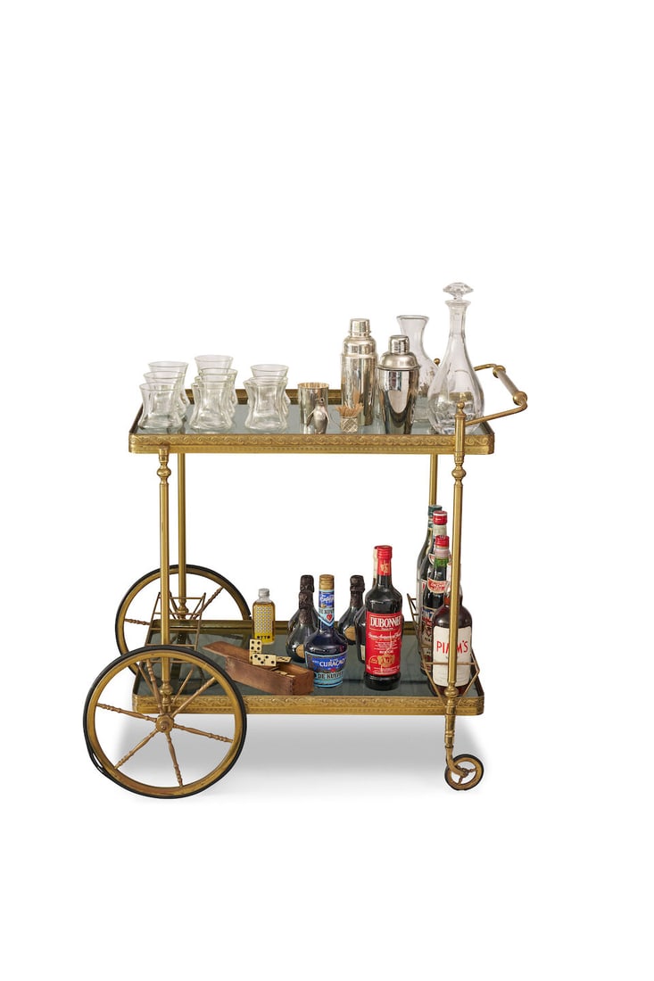 A dressed mid-20th century French cocktail cart with a selection of barware cart circa 1950s, (1 of 1)