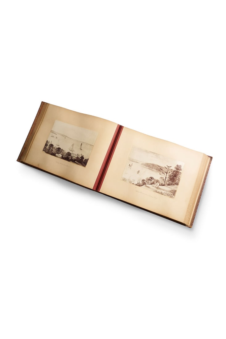 An album of 'Photographs. Illustrating the Earliest Times of New South Wales' Ornate red-leather...: An album of 'Photographs. Illustrating the Earliest Times of New South Wales' Ornate red-leather presentation album with embossed title The large album was presented to Lady Darley, wife of the Acting
