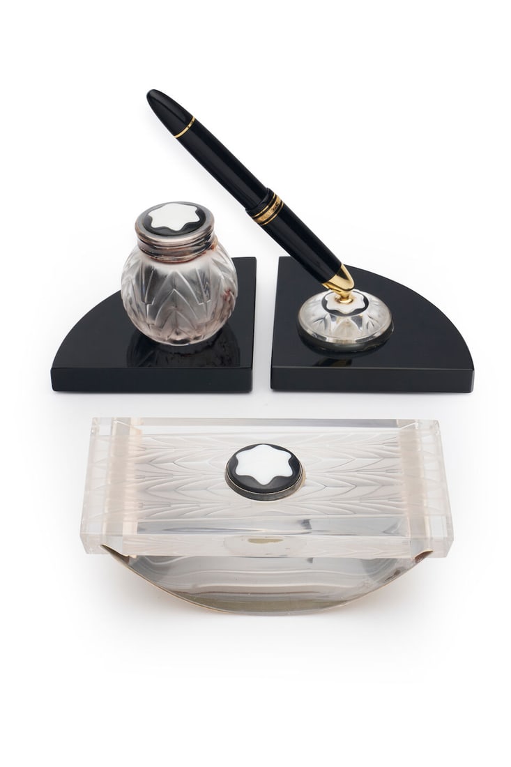 Montblanc | Lalique limited edition 4810 desk set: Montblanc | Lalique limited edition 4810 desk set Limited Edition: 1456/4810. Set of crystal writing accessories created exclusively for Montblanc by the Lalique glass and crystal works. Fountain pen,
