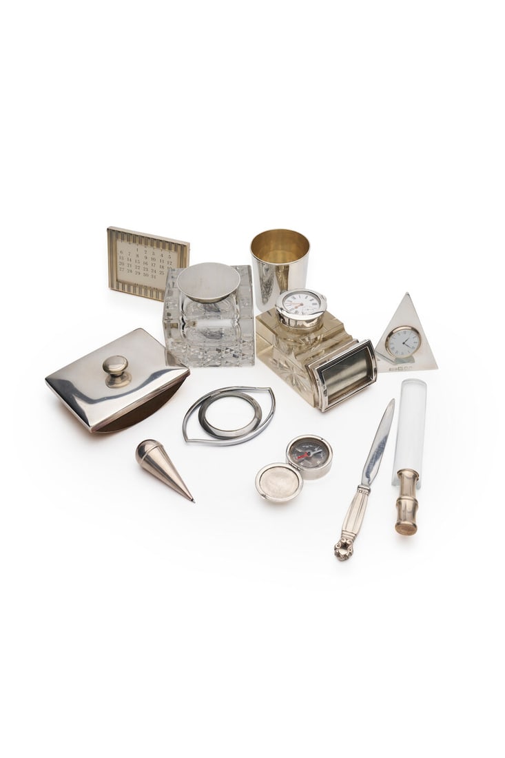 Collection of desk accessories (11): Collection of desk accessories Comprising Hermes stainless steel magnifying glass; Hermes sterling silver weighted desk pen; Tiffany & Co. sterling silver magnifying glass; Tiffany & Co. sterling silv