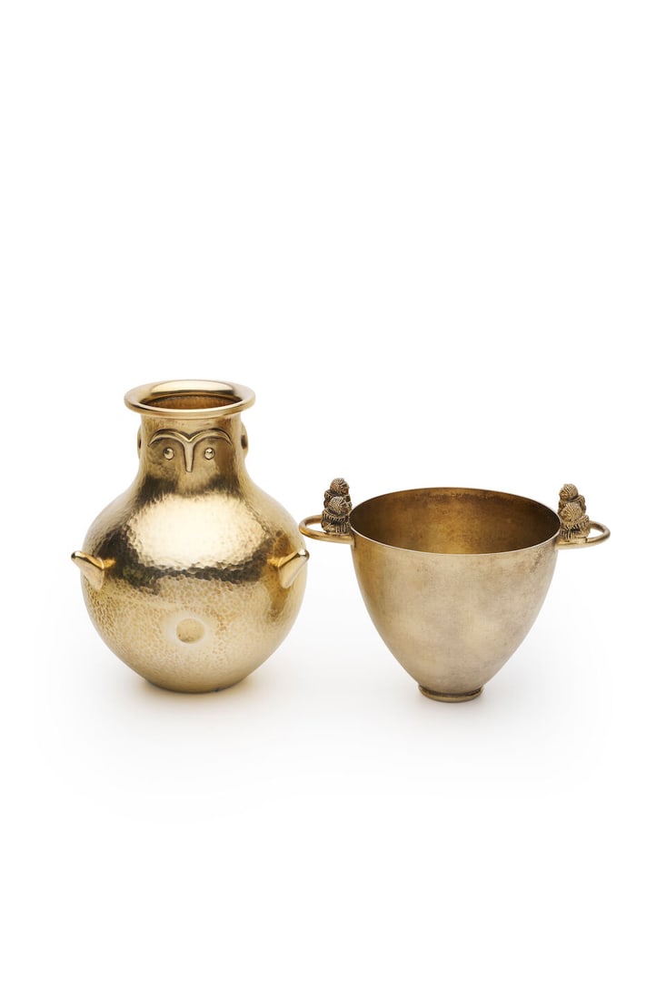Ilias Lalaounis | two silver gilt vessels: Ilias Lalaounis | two silver gilt vessels one modelled after an ancient Etruscan cup, vase signed Ilias LALAoUNIS, numbered Greece 925; cup signed LALAOUNIS, numbered 900, vase height 12.0cm, cup heig