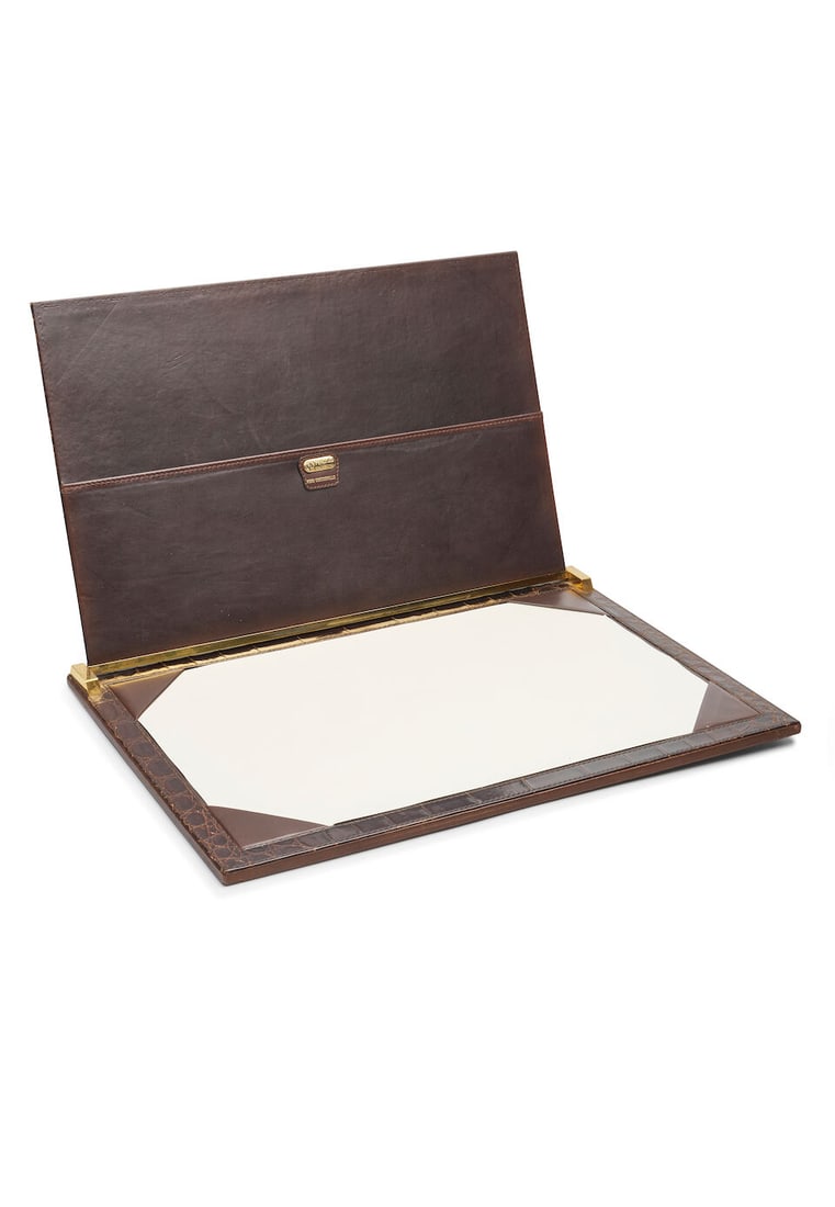 Fendi | leather writing folio: Fendi | leather writing folio rectangular crocodile leather with gilt metal hinges, revealing a writing surface and leather sleeve, singed Fendi Roma made in Italy, vero croccodillo, measuring 53.5 x 