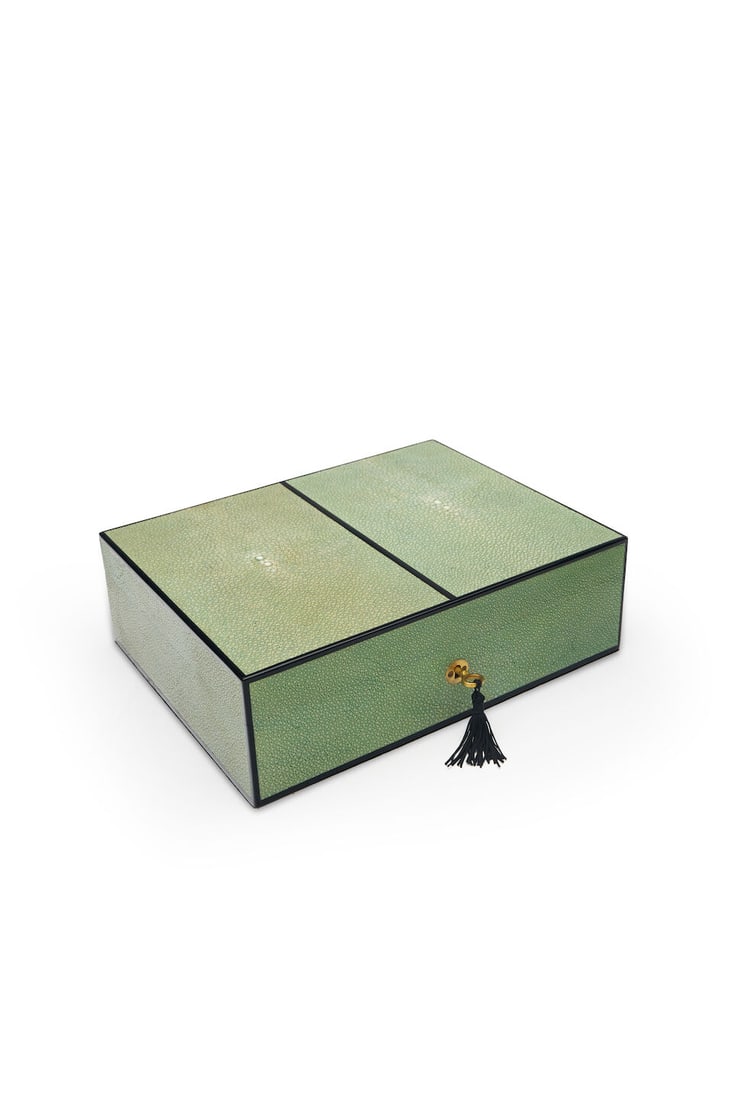 Lotus | 'Art de Vivre' shagreen humidor: Lotus | 'Art de Vivre' shagreen humidor rectangular with black enamel detail, brass key lock, the interior with Hygrometer and humidifying system, signed to interior: Lotus, Arts de Vivre, measuring