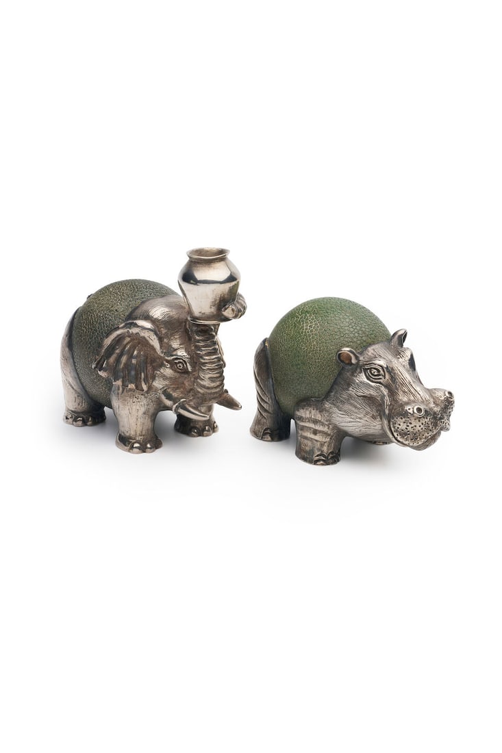 Lotus | 'Art de Vivre' sterling silver and shagreen animals (2): Lotus | 'Art de Vivre' sterling silver and shagreen animals Comprising a hippopotamus and an elephant with upturned trunk, each with shagreeen body and well-cast silver head and legs, signed 925, heig