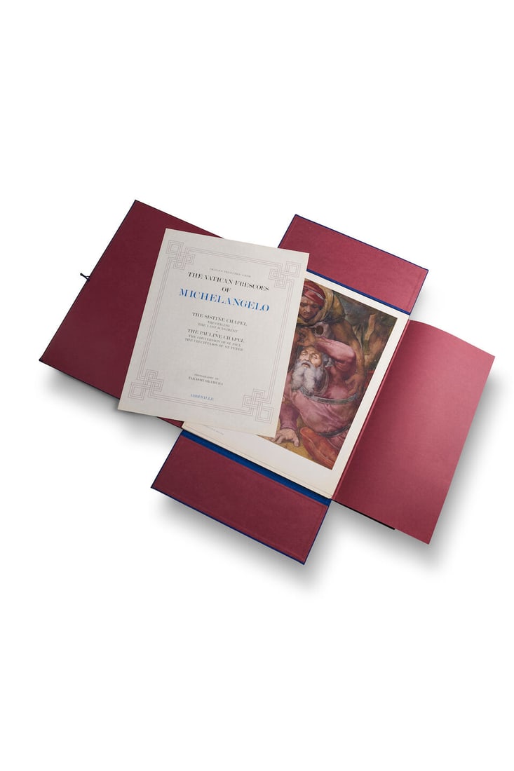 The Vatican Frescoes of Michelangelo, Andre Chastel, published by Abbeville Press, New York, 1980: The Vatican Frescoes of Michelangelo, Andre Chastel, published by Abbeville Press, New York, 1980 elephant folio, two volumes in leather, embossed leather clamshell case, together with a cloth bound f