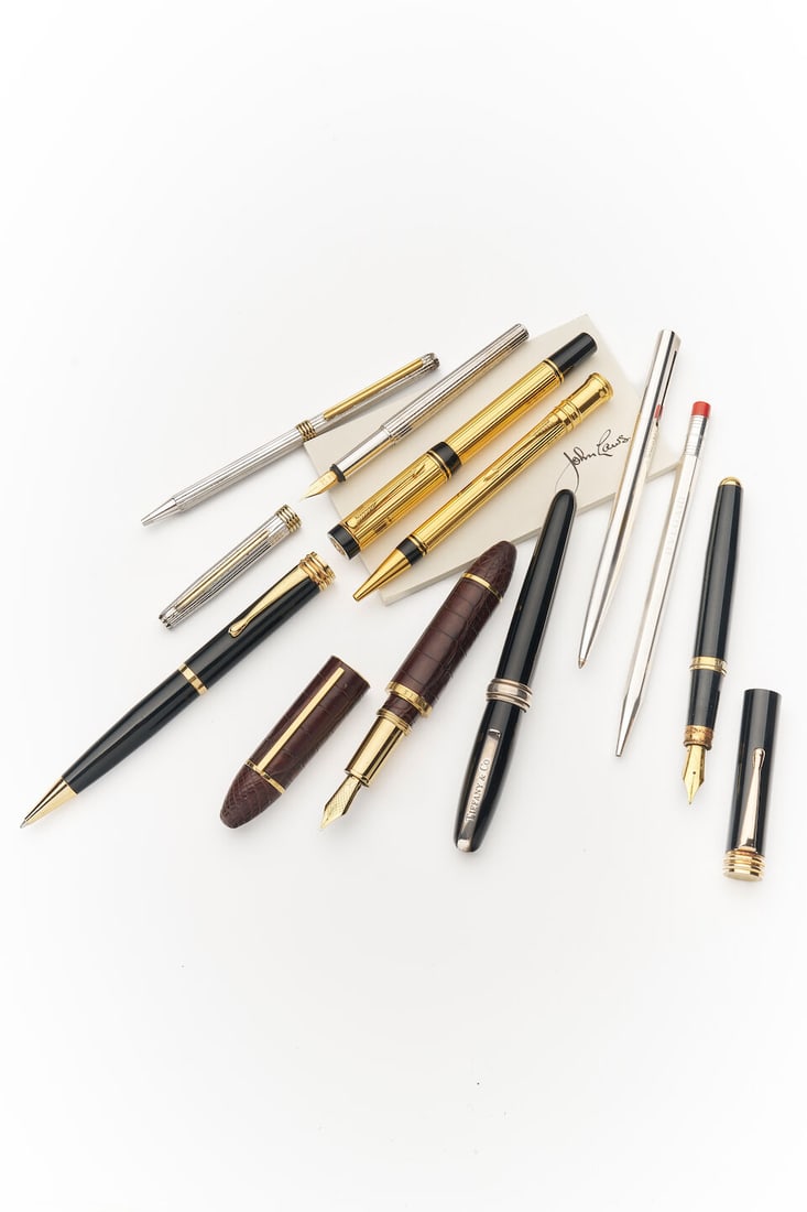 Group of luxury writing instruments (10): Group of luxury writing instruments Comprising two Bulgari ballpoint pens; Loewe fountain pen and ballpoint pen; Tiffany & Co. fountain pen, rollerball and ballpoint pen; Louis Vuitton fountain pen; C