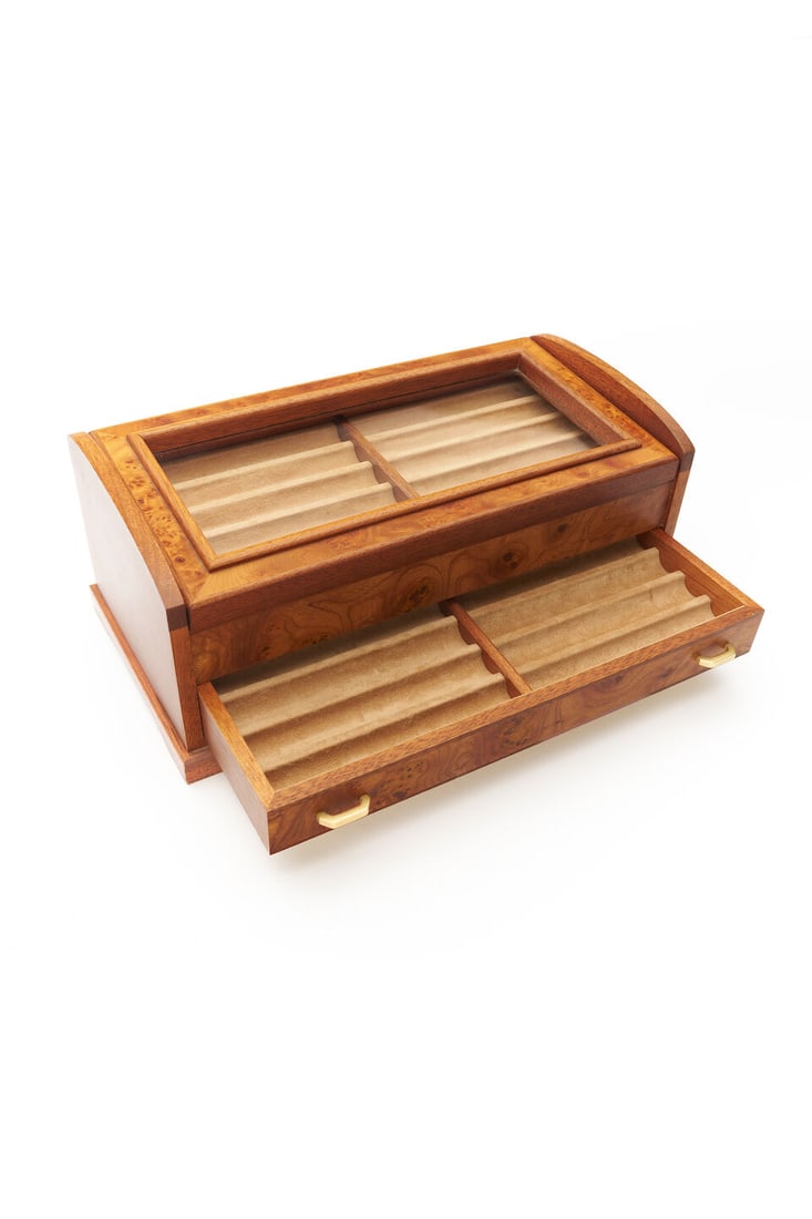 Agresti | 'Scrittura Radica' writing instrument storage case: Agresti | 'Scrittura Radica' writing instrument storage case The rectangular case with burr elm finish, the hinged glazed cover with single drawer beneath, fitted with storage space for a pen collecti