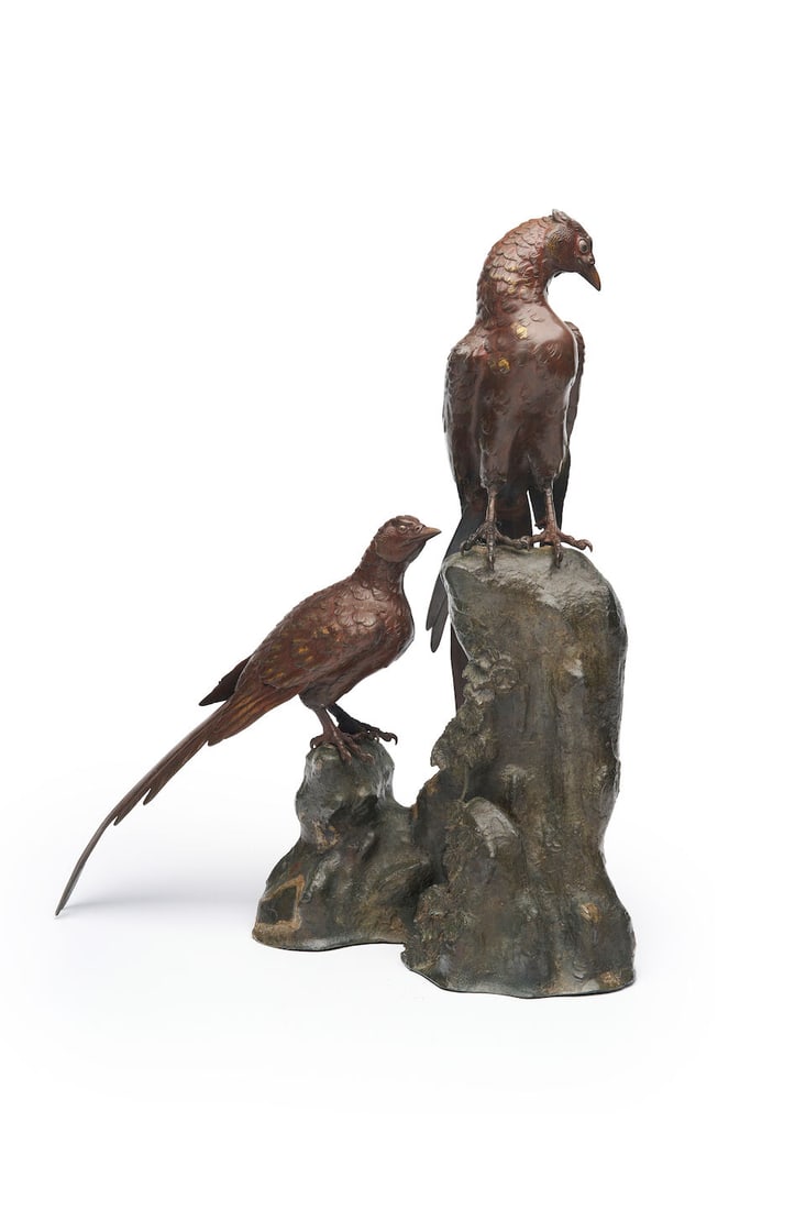 A bronze okimono of two pheasants perching on a rock Japan, first half of 20th century (1 of 1)