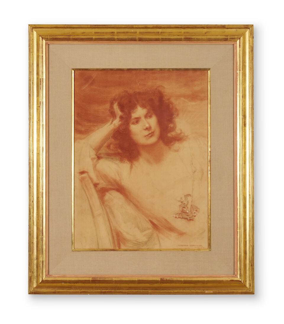Pierre Emile Cornillier (1862-1946) Portrait de Madame Meurlot Cholet, 1902: Pierre Emile Cornillier (1862-1946) Portrait de Madame Meurlot Cholet, 1902 signed, dated and inscribed lower right: 'PIERRE - EMILE CORNILLIER. / PARIS 1902' sanguine drawing 61.5 x 46.0cm (24 3/16