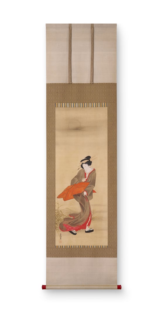 Attributed to Utagawa Toyokuni (1769-1825) Bijin in Autumn winds: Attributed to Utagawa Toyokuni (1769-1825) Bijin in Autumn winds Ink on silk, hanging scroll Bearing signature of Toyokuni, with two seals 84.0 x 32.0cm Footnotes: Provenance Brian Moore Art