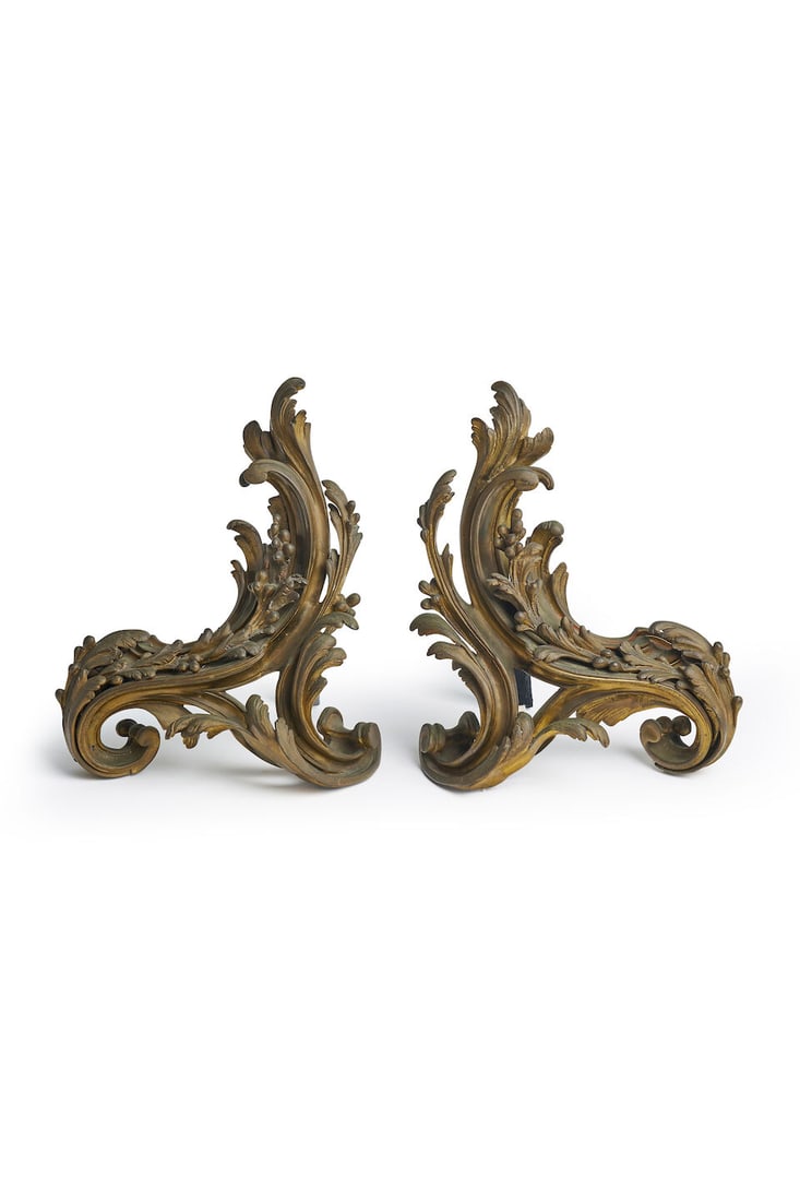 A pair of Louis XV style chenets French,: A pair of Louis XV style chenets French, gilt bronze, each of berried acanthus leaf scrolls, height: 41.0cm, width: 31.0cm For further information on this lot please visit Bonhams.com For further info