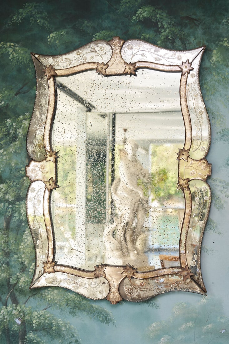 A Venetian mirror, Italy, 19th century: A Venetian mirror, Italy, 19th century serpentine with etched borders and applied rose glass panels, early plate, 117.0 x 76.0cm Footnotes: Acquired through The Country Trader, Sydney, in 1995. Accomp