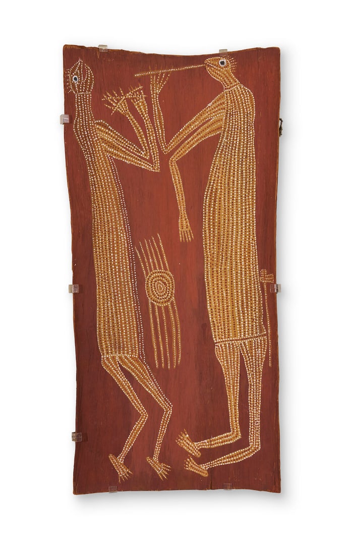 Crusoe Guningbal (circa 1922-1984) Mimih Spirits and Namorodo Spirits, c. 1975: Crusoe Guningbal (circa 1922-1984) Mimih Spirits and Namorodo Spirits, c. 1975 natural earth pigments on eucalyptus bark 93.0 x 44.0cm (36 5/8 x 17 5/16in). Footnotes: Provenance Maningrida Arts & Cul