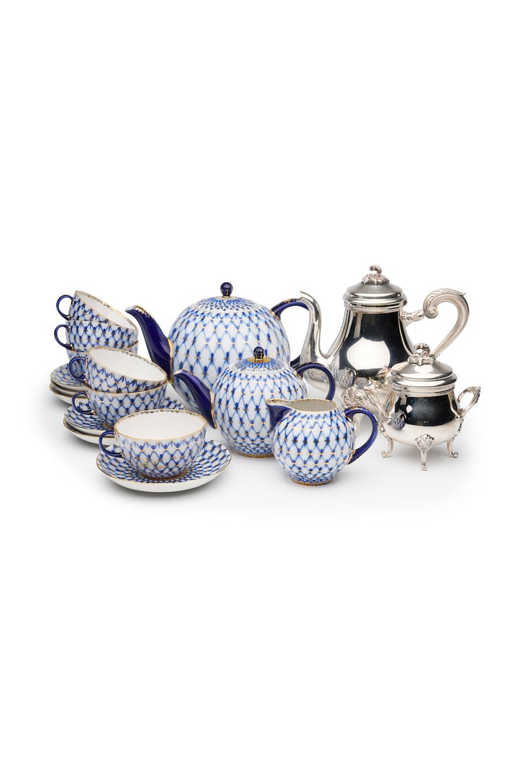 Christofle | teapot and lidded sugar bowl, with a Russian Imperial Porcelain Lomonosov tea servi...: Christofle | teapot and lidded sugar bowl, with a Russian Imperial Porcelain Lomonosov tea service, teapot and sugar bowl marked: CHRISTOFLE PARIS, 20th century the Christofle silver plated in Marly p