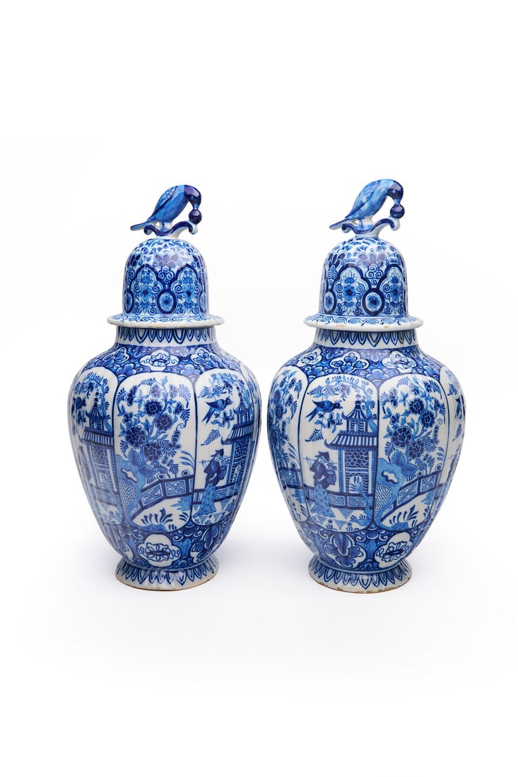 A pair of Dutch Delftware faience lidded vases Marked with a stylised letter 'b', after the 18th... (1 of 1)