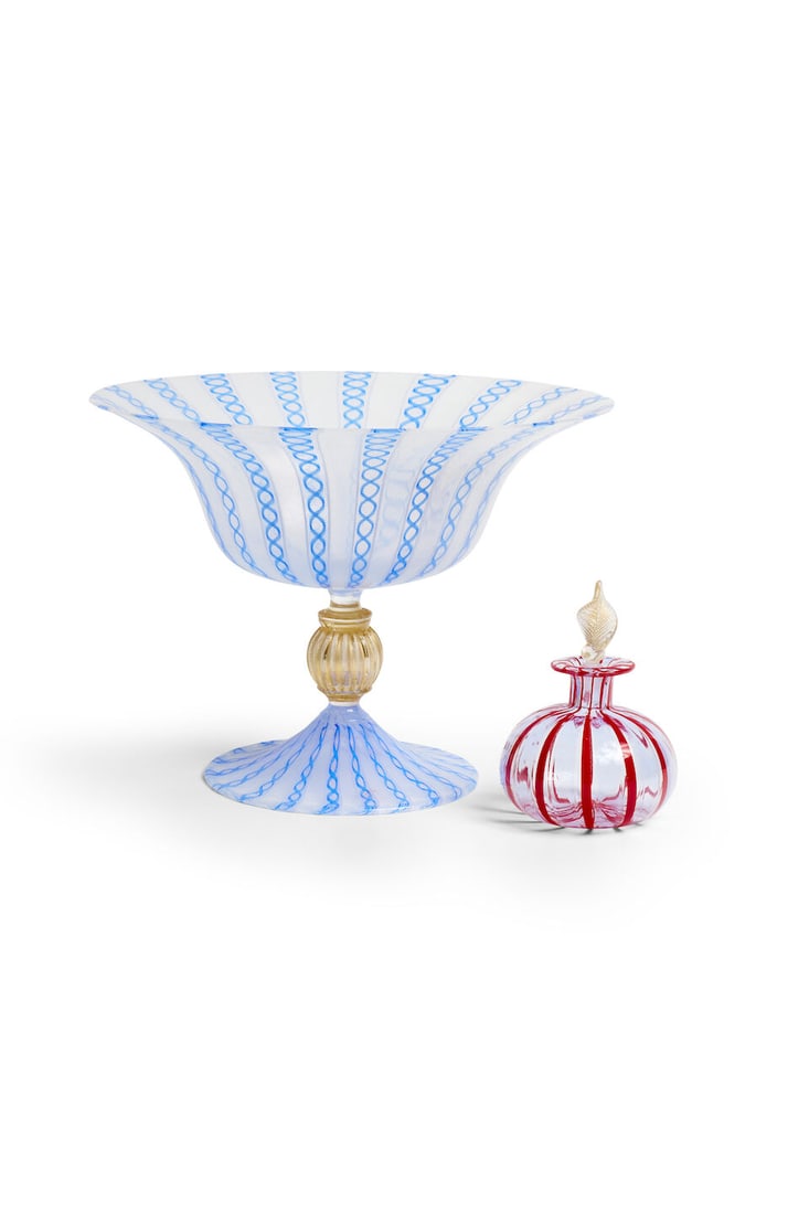Murano glass comport and perfume bottle: Murano glass comport and perfume bottle with 'Latticino' decoration, the comport signed Cenedese, Vetro Artistico Murano sticker, height 20.0cm, diameter 27.0cm, and a perfume bottle, height 11.5cm Fo