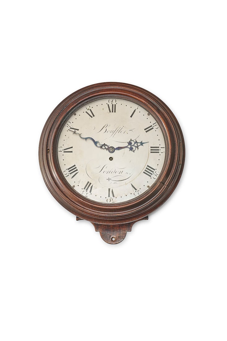 A good late 18th century English mahogany wall timepiece, Bouffler, London: A good late 18th century English mahogany wall timepiece, Bouffler, London The silvered Roman and Arabic dial with good blued steel hands, within an elaborate bezel. The case with inspection door to t